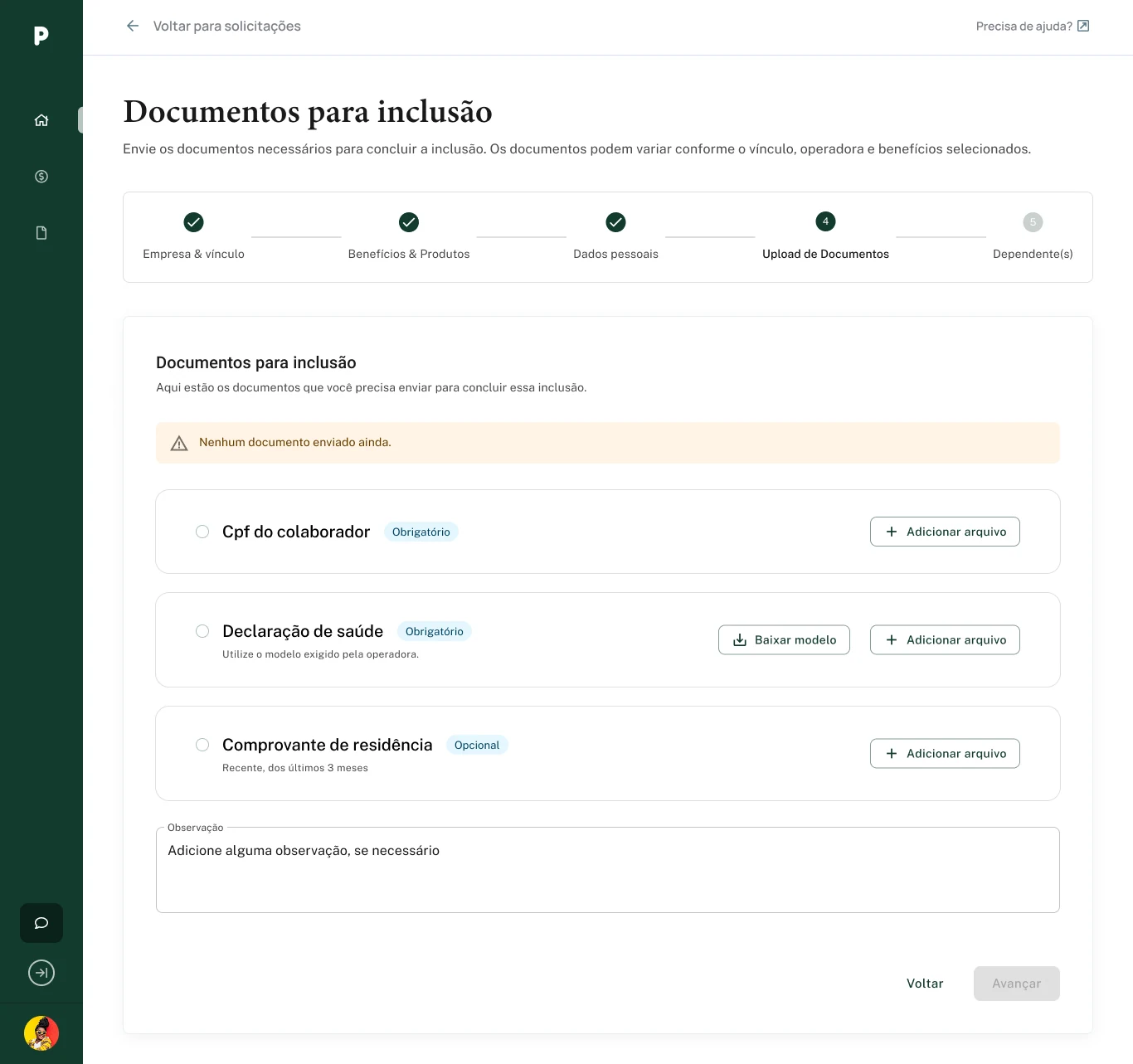 Upload organizado por documento, com indicação do que é obrigatório ou opcional.
