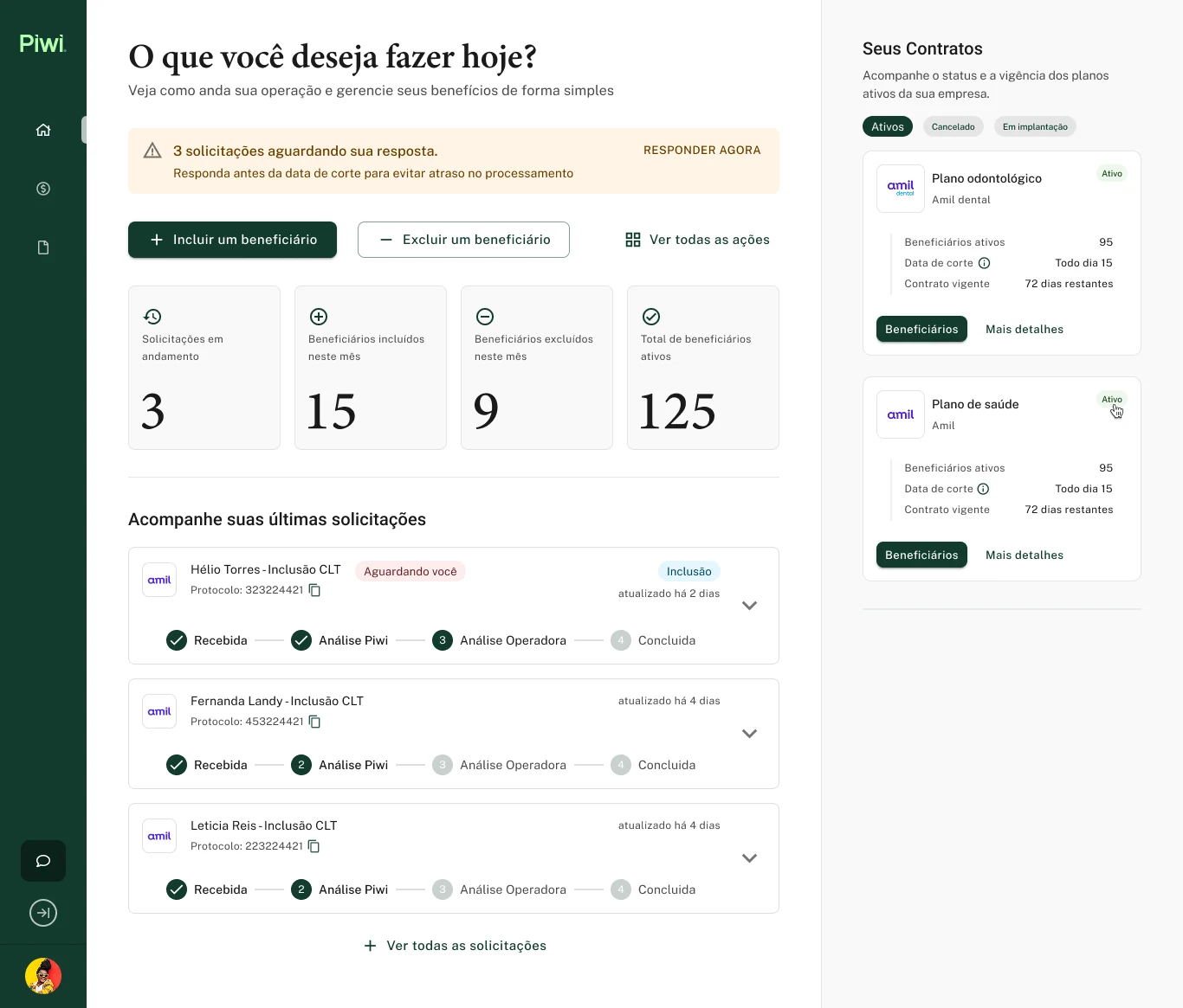 Home do portal RH: visão da operação, pendências prioritárias, solicitações recentes e contratos em um só lugar.