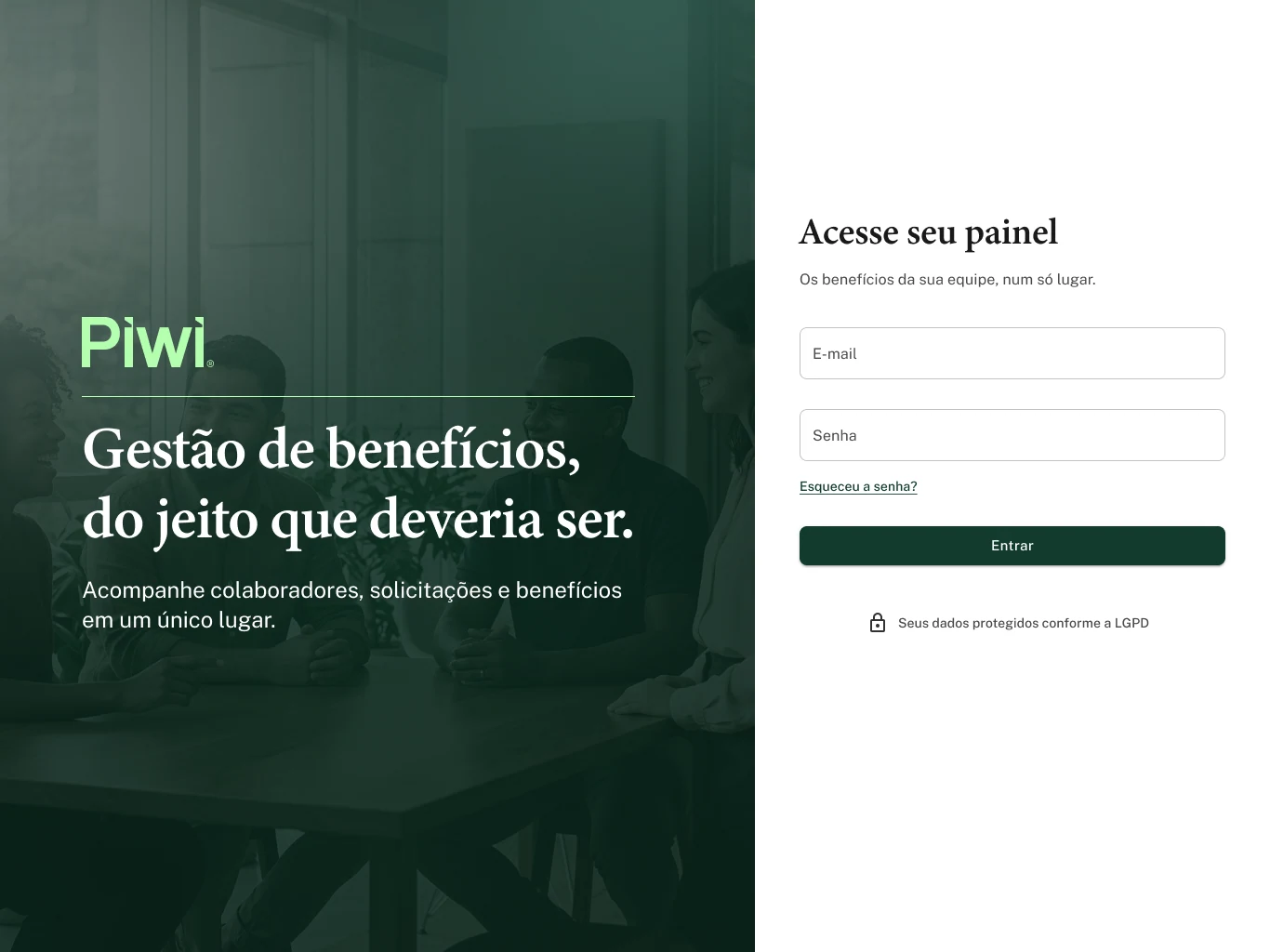 Login do novo portal: identidade Piwi e linguagem orientada à gestão de benefícios.