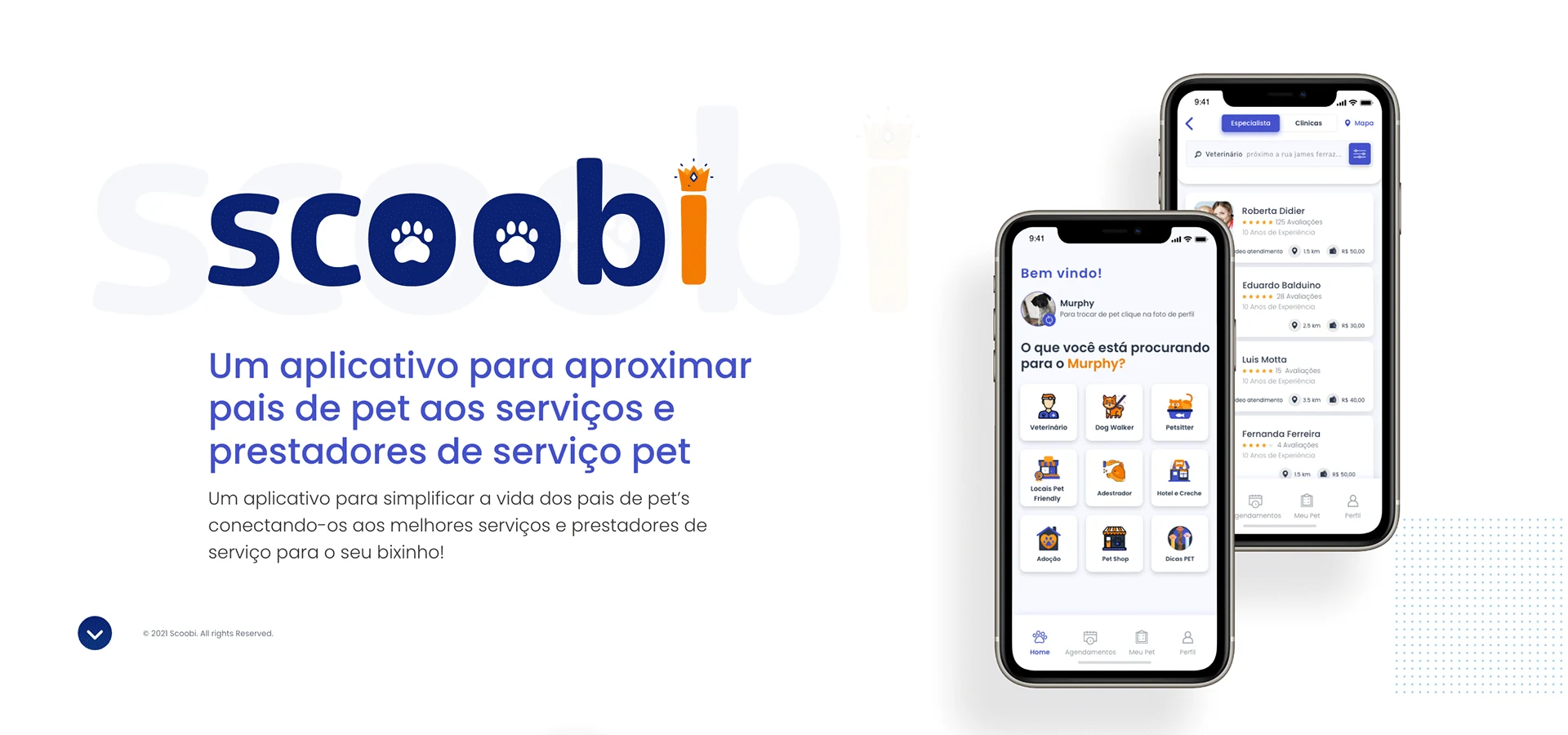 Apresentação original do Scoobi: proposta do aplicativo e telas de descoberta de serviços.
